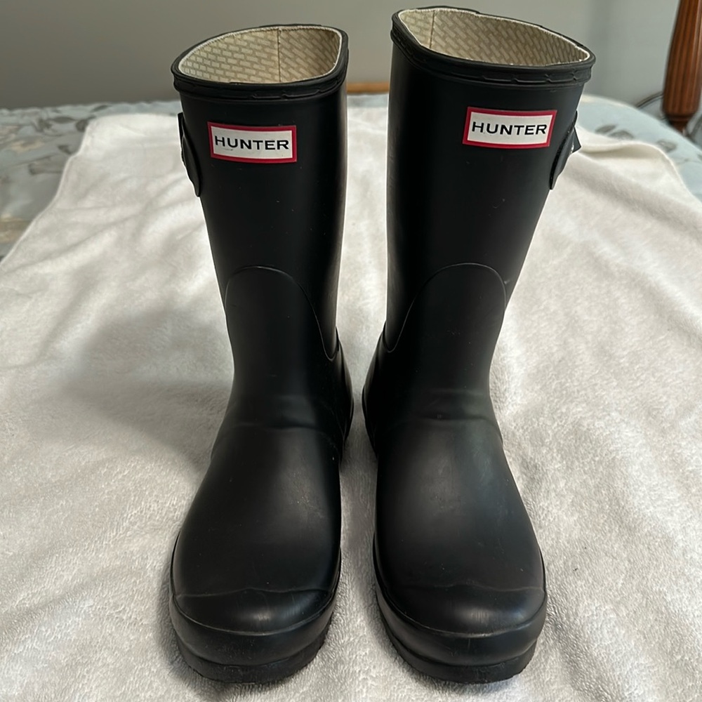 Hunter short rain boots.